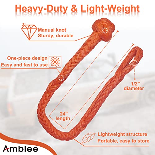 Amblee Synthetic Soft Shackle Recovery, 1/2 inch x 24 inch Recovery Rope Shackle (44,235 lbs Max Breaking Strength), Tow Shackles with Sleeves for ATV UTV SUV Trucks Sailing (2-Pack, Orange)