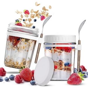 overnight oats containers with lids - multi-functional 16 oz overnight oats jars - 2 pack mason jars overnight oats - overnight oats container glass - oatmeal container - chia pudding jars with lids