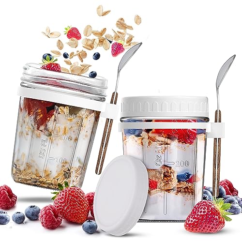 Overnight Oats Containers with Lids - Multi-Functional 16 OZ Overnight Oats Jars - 2 Pack Mason Jars Overnight Oats - Overnight Oats Container Glass - Oatmeal Container - Chia Pudding Jars with Lids