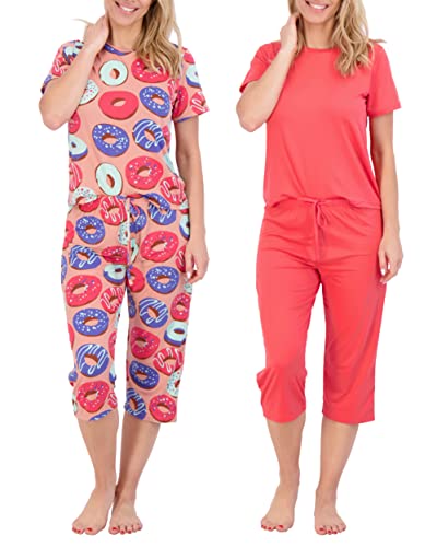 Real Essentials 2 Pack: Womens Short Sleeve Shirt Capri Sweat pants Pajama Sets Pajamas Soft PJ Women Two Piece Matching Pants Top Loungewear Sleep Wear Sexy Summer Bottoms Pijamas Ladies - Set 7, S