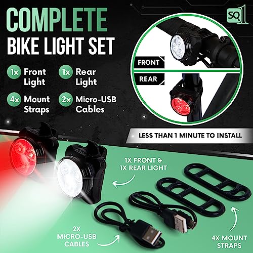 Square1 Bicycle Lights Front and Rear Rechargeable - Bright 300 Lumen Bike Lights for Night Riding - Durable, Waterproof & Multi-Use - Perfect Bike Head Light & Tail Light Set for Night Riding