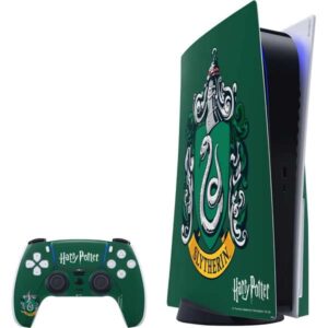 skinit decal gaming skin compatible with ps5 console and controller - officially licensed warner bros slytherin house crest design