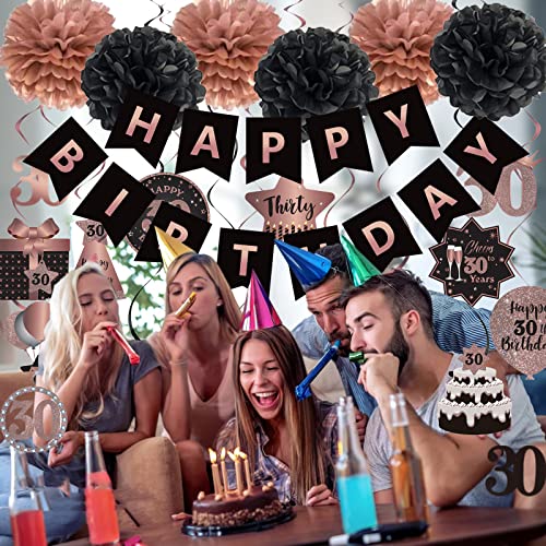 BRT Bearingshui Happy 30th Birthday Hanging Swirls Streamers Decoration Set, Happy Birthday Banner with Tissue Pompoms, Rose Gold and Black 30 Years Old Birthday Party Hanging Backdrop Decorations
