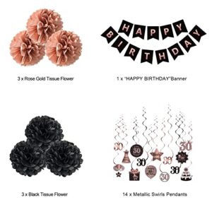 BRT Bearingshui Happy 30th Birthday Hanging Swirls Streamers Decoration Set, Happy Birthday Banner with Tissue Pompoms, Rose Gold and Black 30 Years Old Birthday Party Hanging Backdrop Decorations