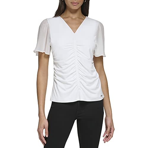 Calvin Klein Women's Gathered Front Knit Blouse, Soft White, Small