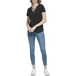 calvin klein women's knit short sleeve blouse, black, medium