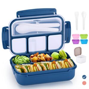 qqko bento box adult lunch box, lunch containers for adults, 1200 ml food container with 4 compartments, including 4 muffin cups, utensils set, sauce jar, leak-proof, microwave, dishwasher safe, blue