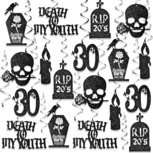 fuutreo 36 pcs death to my 20s decorations rip 20s birthday decoration 30th hanging swirls gothic decorations silver black glitter funeral party supplies for halloween men women