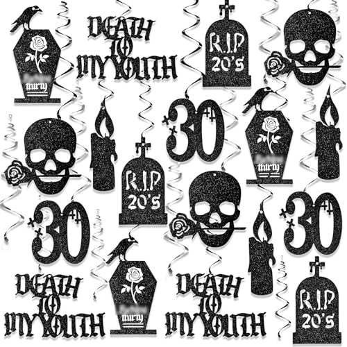 Fuutreo 36 Pcs Death to My 20s Decorations Rip 20s Birthday Decoration 30th Hanging Swirls Gothic Decorations Silver Black Glitter Funeral Party Supplies for Halloween Men Women