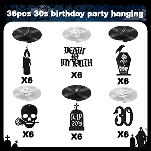 Fuutreo 36 Pcs Death to My 20s Decorations Rip 20s Birthday Decoration 30th Hanging Swirls Gothic Decorations Silver Black Glitter Funeral Party Supplies for Halloween Men Women