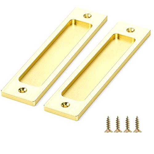 INCAUCA 2 Pack Barn Door Handles, 6 Inch Flush Door Pull, Recessed Door Handles, Sliding Closet Door Finger Pull, Rectangular Flat Plate for Pocket Door Drawer Cabinet Cupboard (Gold)