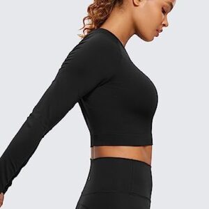 CRZ YOGA Seamless Long Sleeve Shirts for Women Ribbed Workout Tops Athletic Crop Tops Cropped Running Gym Shirts Black Small