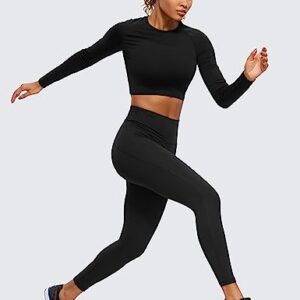 CRZ YOGA Seamless Long Sleeve Shirts for Women Ribbed Workout Tops Athletic Crop Tops Cropped Running Gym Shirts Black Small