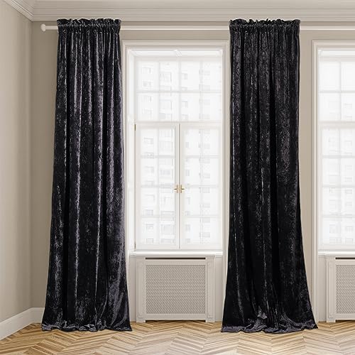 TAMGHO Crushed Velvet Curtains for Living Room 2 Panels Set, Room Darkening Black Velvet Window Curtain 84 inches Long with Lining, 37 inches Wide, Rod Pocket Drapes