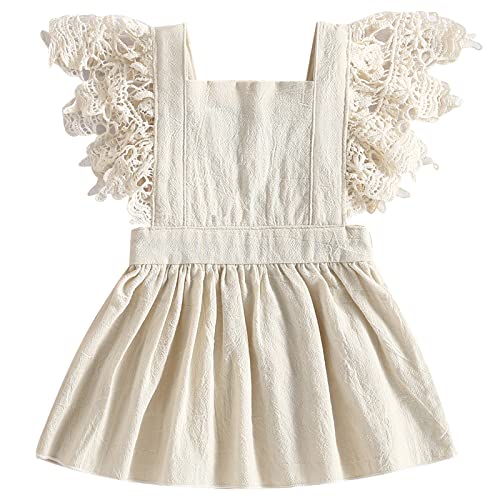 Mubineo Toddler Baby Girl Summer Linen Dress Newborn Lace Princess Overall Dress Sundress (Beige, 18-24 Months)