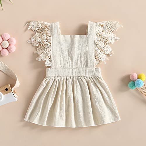 Mubineo Toddler Baby Girl Summer Linen Dress Newborn Lace Princess Overall Dress Sundress (Beige, 18-24 Months)