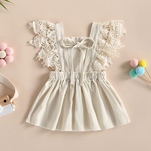 Mubineo Toddler Baby Girl Summer Linen Dress Newborn Lace Princess Overall Dress Sundress (Beige, 18-24 Months)