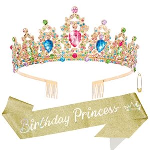 SuPoo Golden Birthday Sash and Crown Kit Princess Crown Birthday Tiara Birthday Girl Crown with Comb Glitter Birthday Sash for Women Crystal Tiaras for Girls Headband Happy Birthday Decorations Gifts