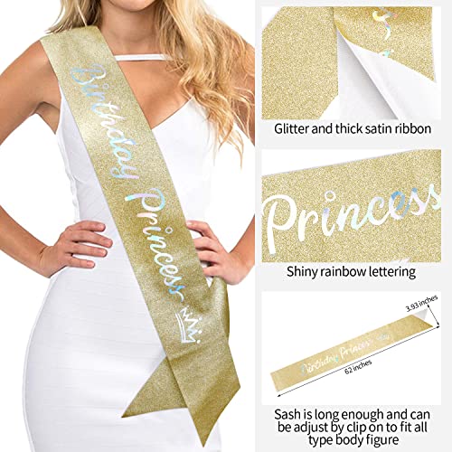 SuPoo Golden Birthday Sash and Crown Kit Princess Crown Birthday Tiara Birthday Girl Crown with Comb Glitter Birthday Sash for Women Crystal Tiaras for Girls Headband Happy Birthday Decorations Gifts