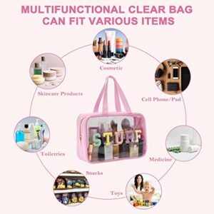 Yowivon Clear Tote Bag Pink Preppy Large Makeup Bag Travel Toiletry Cosmetic Organizer Bag with Handle, Transparent Waterproof Beach Bag Snack Stadium Bags for Women Girls