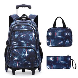 mildame galaxy print rolling backpack for school boys girls with lunch bag teens bookbag with wheels kids trolley bag set, six wheels