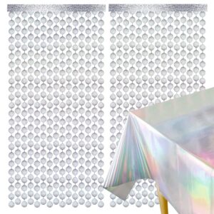 jianglai disco ball foil curtain 2 pcs and 1 piece party tablecloth- last disco bachelorette party decorationsfor 60s 70s 80s 90sdisco birthday party backdrop, wedding (sequin silver)