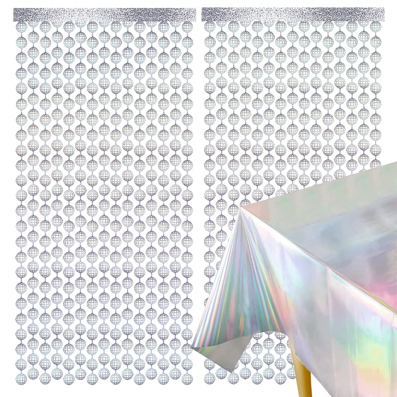 JIANGLAI Disco Ball Foil Curtain 2 pcs and 1 Piece Party Tablecloth- Last Disco Bachelorette Party Decorationsfor 60s 70s 80s 90sDisco Birthday Party Backdrop, Wedding (Sequin Silver)