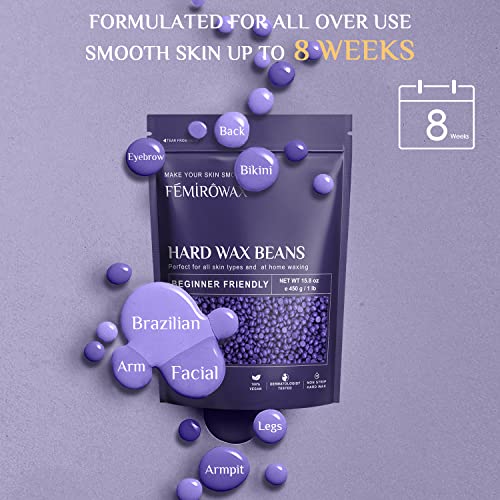 Wax Beads, FEMIROWAX 1lb Hard Wax Beans for Hair Removal Sensitive Skin with Lavender Formula Waxing Beads for Full Body Brazilian Bikini Face Eyebrow at Home Wax Refill for Women Men