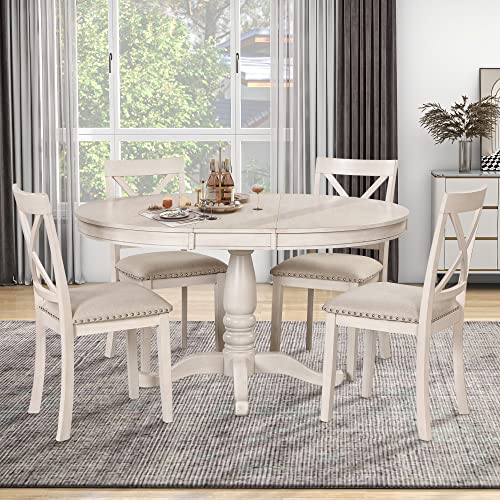 Merax Dining Table Set for 4,Retro Style Chairs with Solid Wood Legs for Kitchen Diningroom, Antique White