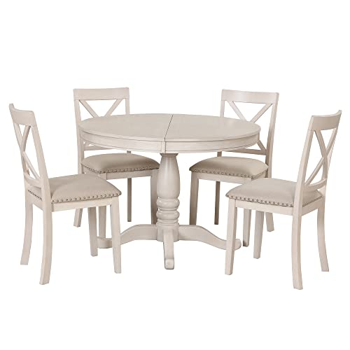 Merax Dining Table Set for 4,Retro Style Chairs with Solid Wood Legs for Kitchen Diningroom, Antique White