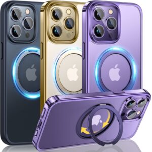 juntone for iphone 14 pro max case with 360° rotatable magnetic ring[compatible with magsafe][invisible kickstand] 12ft military shockproof translucent matte back slim phone cover 6.7", purple