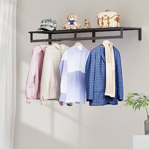 Audmore Wall Mounted Clothes Rack with Top Shelf, 46.5'' Industrial Clothing Rack Heavy Duty, Metal Shelf with Hanging Rod, Garment Rack Laundry Room Shelves, Space Saving