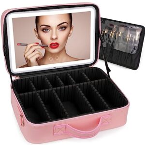 kumers plus size travel makeup bag with large lighted mirror, makeup cosmetic train case with detachable mirror and light waterproof artist organizer with adjustable dividers gift for women (pink)