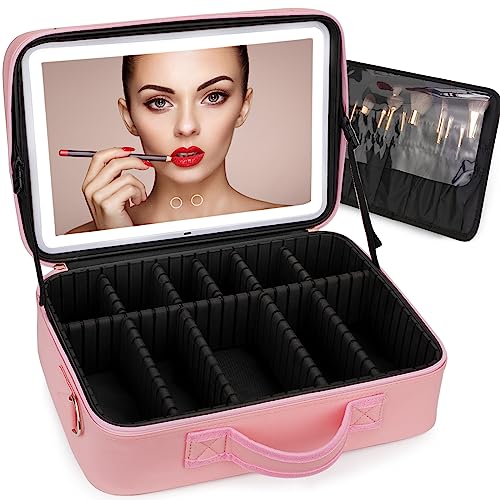 KuMers Plus Size Travel Makeup Bag with Large Lighted Mirror, Makeup Cosmetic Train Case with Detachable Mirror and Light Waterproof Artist Organizer with Adjustable Dividers Gift for Women (Pink)