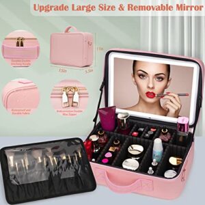 KuMers Plus Size Travel Makeup Bag with Large Lighted Mirror, Makeup Cosmetic Train Case with Detachable Mirror and Light Waterproof Artist Organizer with Adjustable Dividers Gift for Women (Pink)