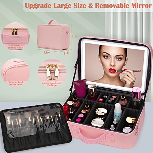 KuMers Plus Size Travel Makeup Bag with Large Lighted Mirror, Makeup Cosmetic Train Case with Detachable Mirror and Light Waterproof Artist Organizer with Adjustable Dividers Gift for Women (Pink)