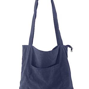 Corduroy Tote Bags for Women with Zipper and Front Pocket Shoulder Handbags Casual Canvas Purse, Grey