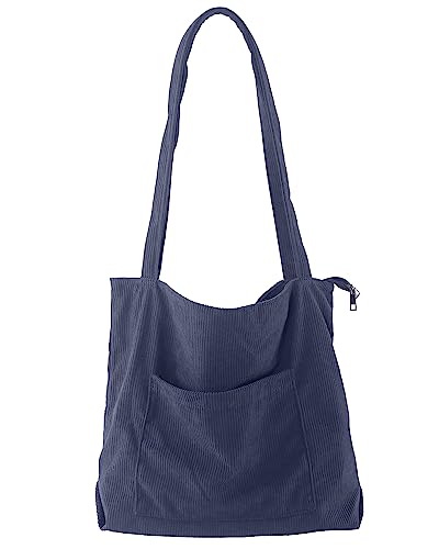 Corduroy Tote Bags for Women with Zipper and Front Pocket Shoulder Handbags Casual Canvas Purse, Grey