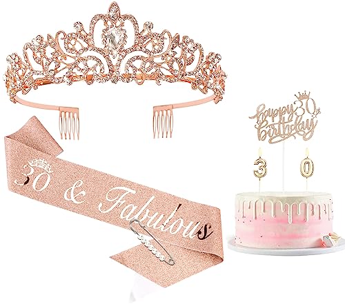 TOBATOBA 30th Birthday Decorations for Women, 30th Birthday Sash 30th Birthday Crown, Birthday Candles and Cake Toppers, 30th Birthday Gifts for Her, 30 Years Birthday Decorations, Rose Gold