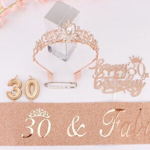 TOBATOBA 30th Birthday Decorations for Women, 30th Birthday Sash 30th Birthday Crown, Birthday Candles and Cake Toppers, 30th Birthday Gifts for Her, 30 Years Birthday Decorations, Rose Gold