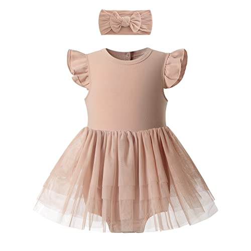 Organic Cotton Baby Girl Ruffle Romper Summer Tulle Dress Jumpsuit with Headband Outfit Set（18-24 Months, Misty Rose