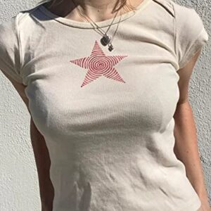 Womens Y2K Print Crop Tops Cute Kawaii Punk Graphic Summer Short Sleeve Tee T-Shirts E-Girls Teen Clothes Streetwear(Beige-Stripe Star,Small)