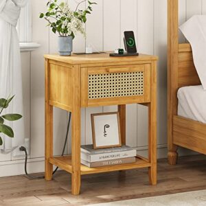 viagdo nightstand with charging station, bamboo end table, bedside table with rattan drawer, night stand for bedroom, natural