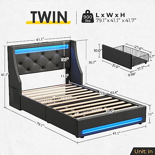 Rolanstar Twin Bed Frame with 4 Storage Drawers, Charging Station and LED Lights, Upholstered Platform Bed with Heavy Duty Wooden Slats, No Box Spring Needed, Noise Free, Easy Assembly, Dark Gray