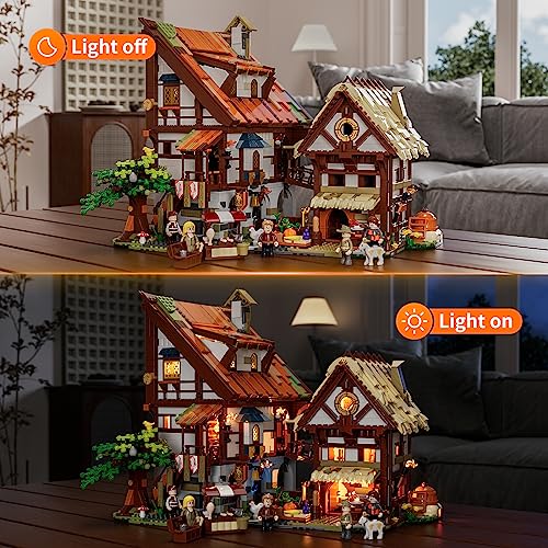 FUNWHOLE Medieval-Market Lighting Building-Bricks Set - Medieval Town LED Light Construction Building Model Set 2614 Pcs for Adults and Teen