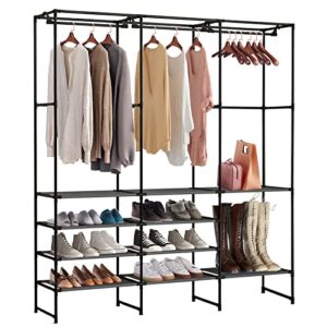 kertnic 4-tier shoe, boots rack storage organizer for entryway, free standing black versatile shoe shelf stand with coat hanging garment rack for bedroom (upgrade)