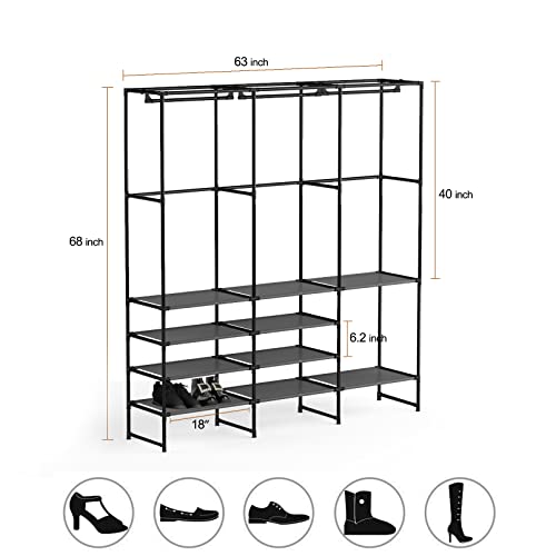 Kertnic 4-Tier Shoe, Boots Rack Storage Organizer for Entryway, Free Standing Black Versatile Shoe Shelf Stand with Coat Hanging Garment Rack for Bedroom (upgrade)