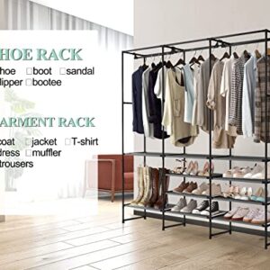 Kertnic 4-Tier Shoe, Boots Rack Storage Organizer for Entryway, Free Standing Black Versatile Shoe Shelf Stand with Coat Hanging Garment Rack for Bedroom (upgrade)