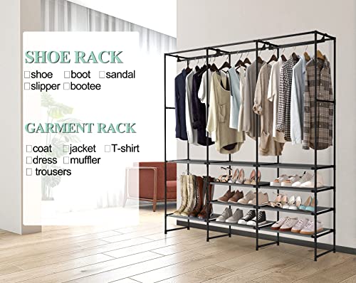 Kertnic 4-Tier Shoe, Boots Rack Storage Organizer for Entryway, Free Standing Black Versatile Shoe Shelf Stand with Coat Hanging Garment Rack for Bedroom (upgrade)