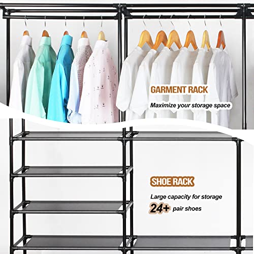 Kertnic 4-Tier Shoe, Boots Rack Storage Organizer for Entryway, Free Standing Black Versatile Shoe Shelf Stand with Coat Hanging Garment Rack for Bedroom (upgrade)